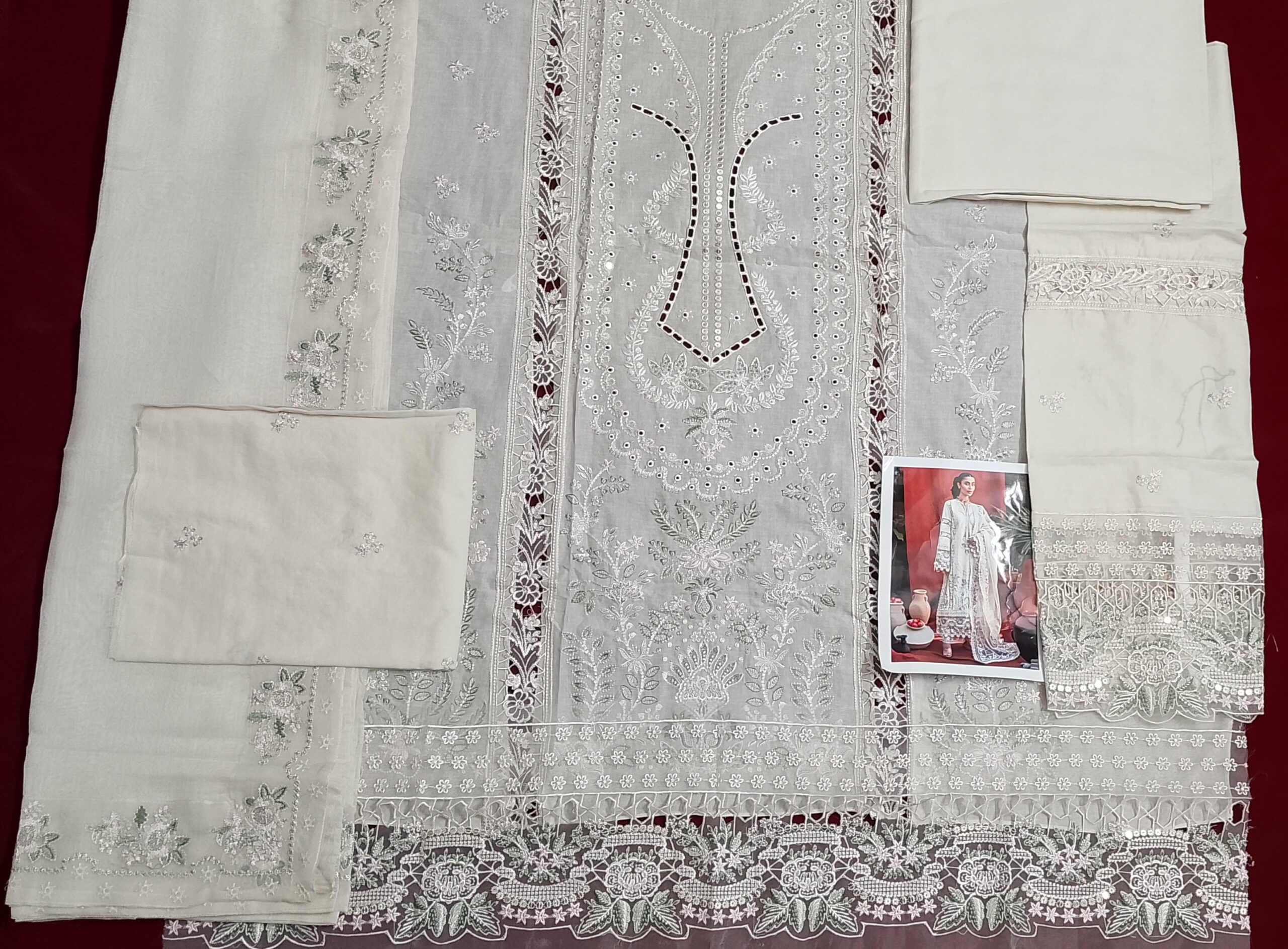Miraah Premium Embroidered Luxury Cotton – Ivory Mint & Rose - Image 2
