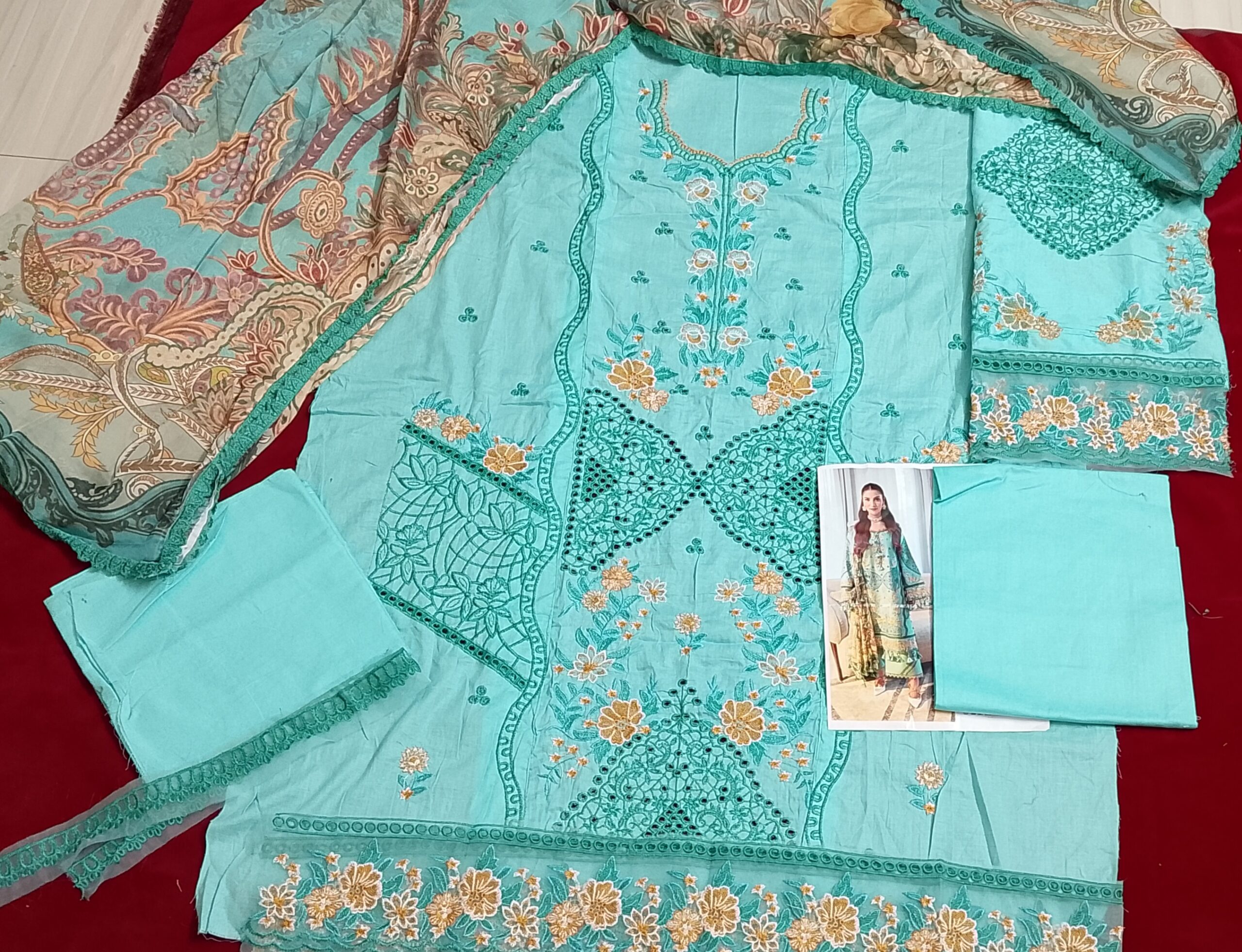 Miraah Premium Embroidered Luxury Cotton – Radiant Turquoise Bloom - Image 2