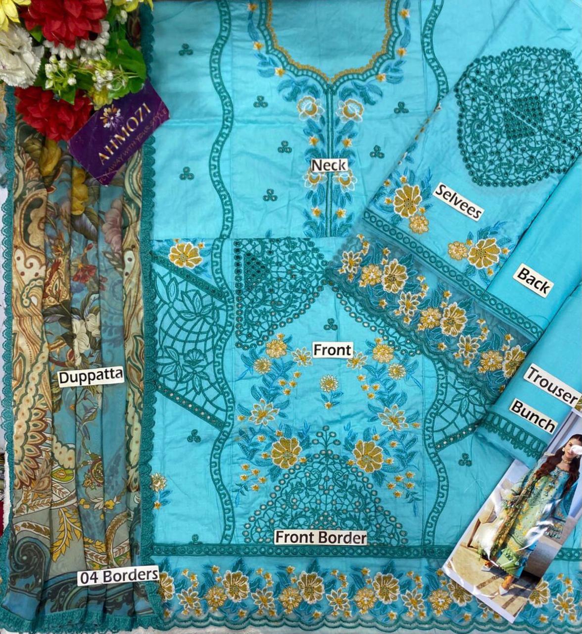 Miraah Premium Embroidered Luxury Lawn – Radiant Turquoise Bloom (Unstitched 3-Piece) - Image 2