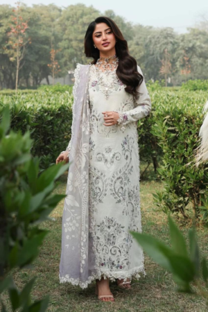 Miraah Premium Embroidered Luxury Lawn – Ivory & Lavender Grace (Unstitched 3-Piece)