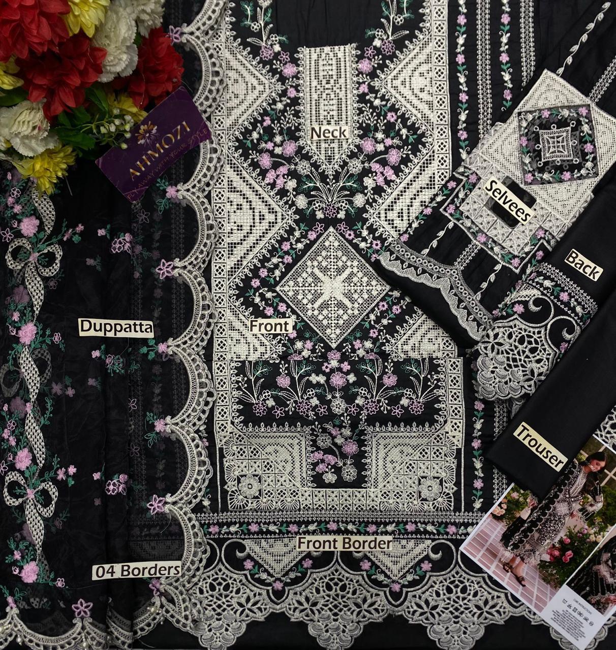 Miraah Premium Embroidered Luxury Lawn – Ebony Mosaic & Bloom (Unstitched 3-Piece) - Image 2