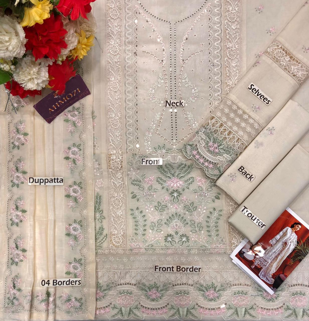 Miraah Premium Embroidered Luxury Lawn – Ivory Mint & Rose (Unstitched 3-Piece) - Image 2