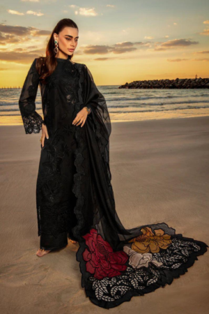 Miraah Premium Chikankari Luxury Lawn – Charcoal Noir & Rose (Unstitched 3-Piece)