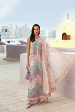 Miraah Premium Chikankari Luxury Lawn – Pastel Chevron Sorbet (Unstitched 3-Piece)