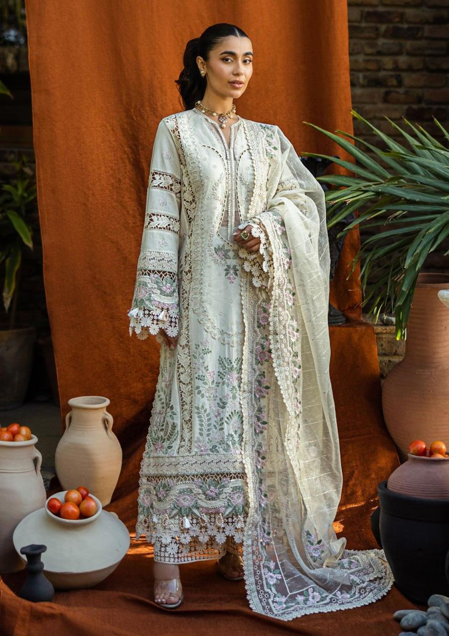 Miraah Premium Embroidered Luxury Cotton – Ivory Mint & Rose