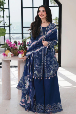 Miraah Premium Embroidered Luxury Lawn – Indigo Twilight & Rose (Unstitched 3-Piece)