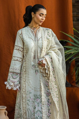 Miraah Premium Embroidered Luxury Lawn – Ivory Mint & Rose (Unstitched 3-Piece)