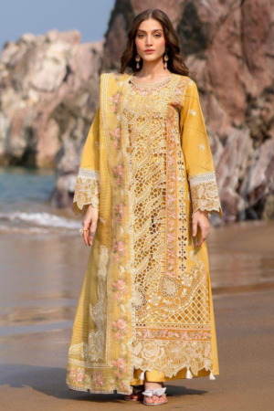 Miraah Premium Embroidered Luxury Lawn – Mustard Honeycomb & Rose (Unstitched 3-Piece)