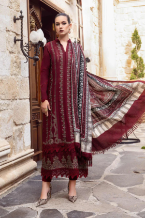 Miraah Premium Embroidered Luxury Lawn – Royal Maroon Heritage (Unstitched 3-Piece)